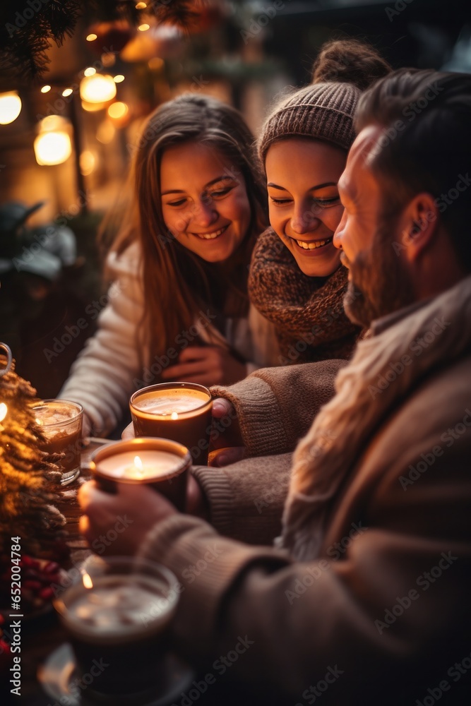 Happy family drinking hot chocolate in winter