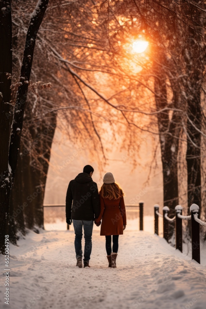 Couple walking hand in hand in the snow