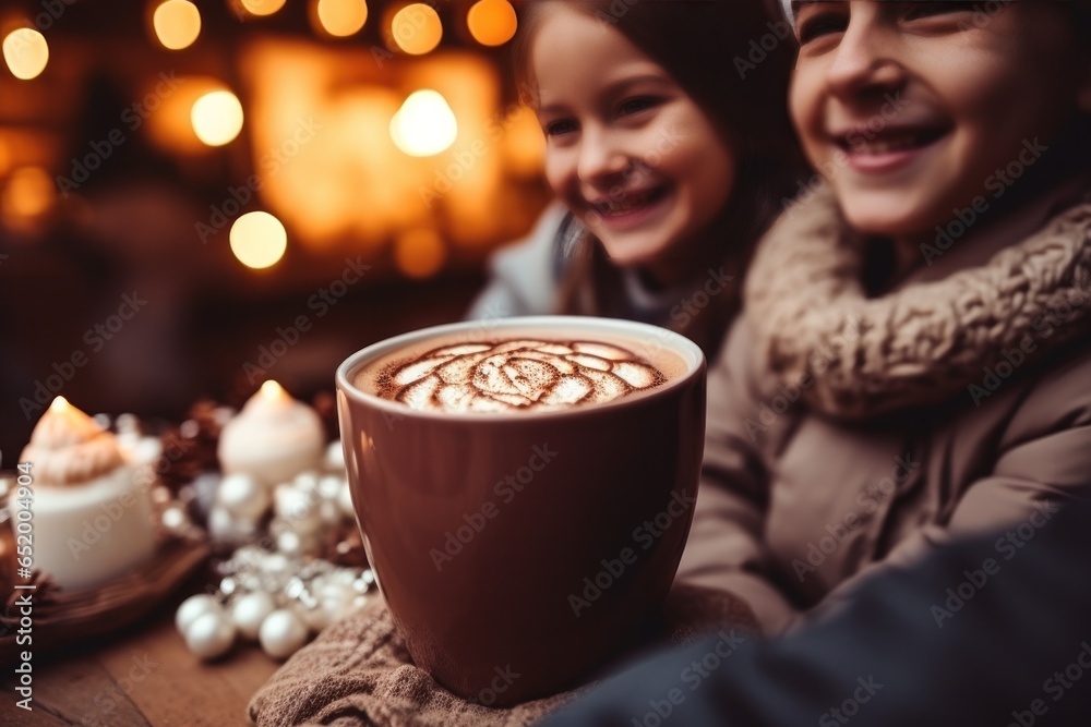 Happy family drinking hot chocolate in winter