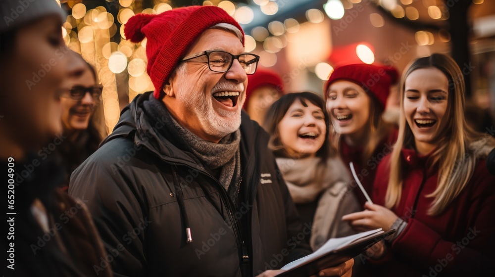 Cheerful group caroling in the neighborhood