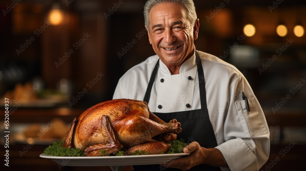 Chef holding turkey with proud expression