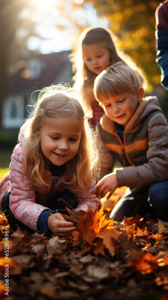 Children playing with fall leaves outside