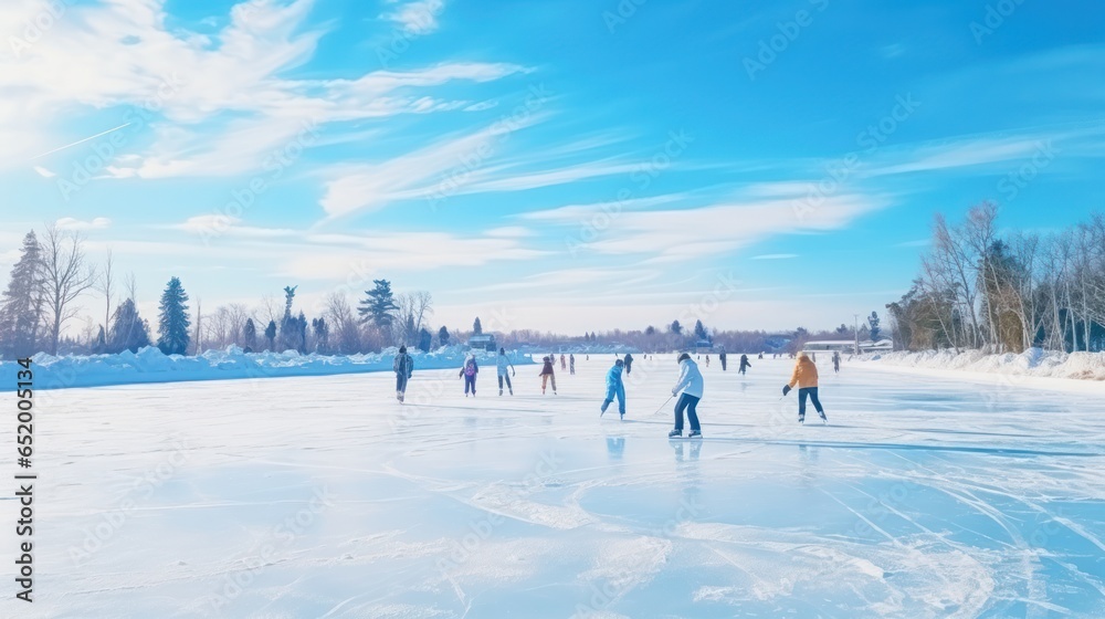 Group of people ice skating on frozen lake