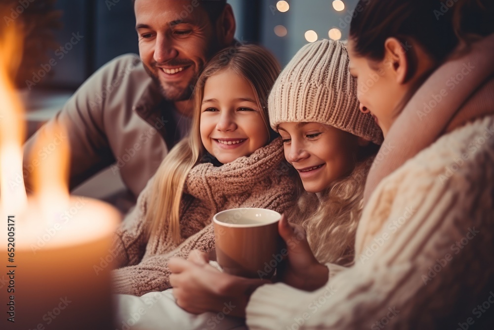 Happy family drinking hot chocolate in winter