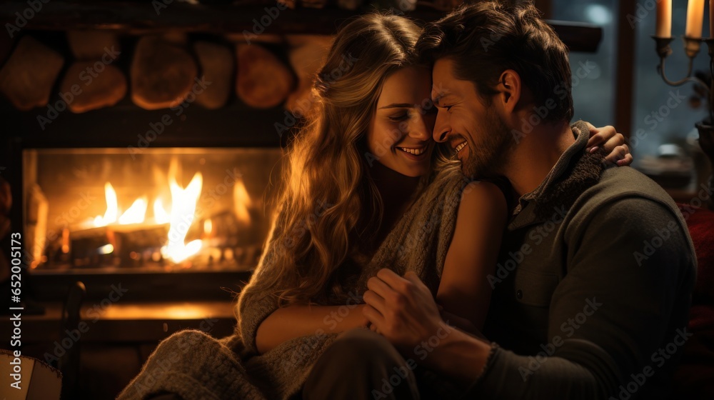 Cozy couple by the fireplace