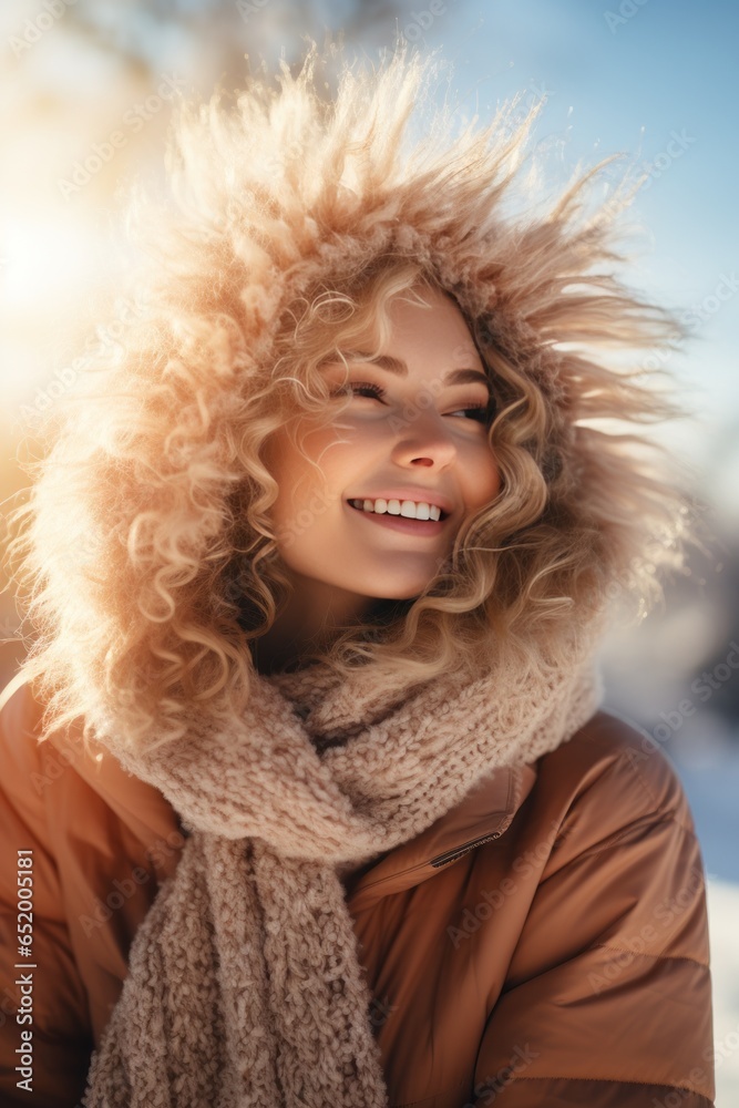 Woman enjoying hot drink in winter scenery