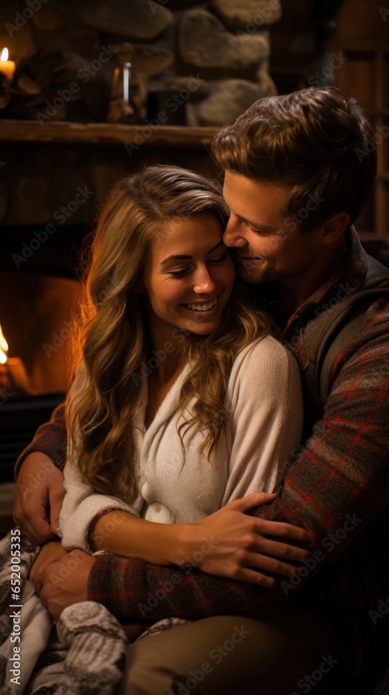 Couple cuddling by a cozy fireplace