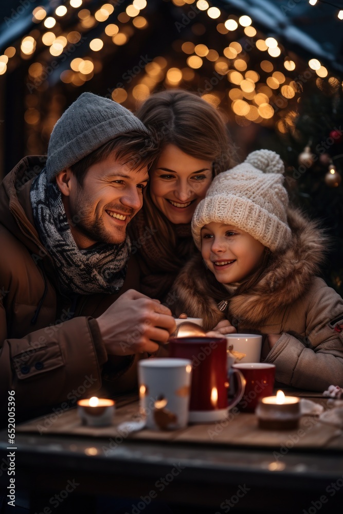 Happy family drinking hot chocolate in winter