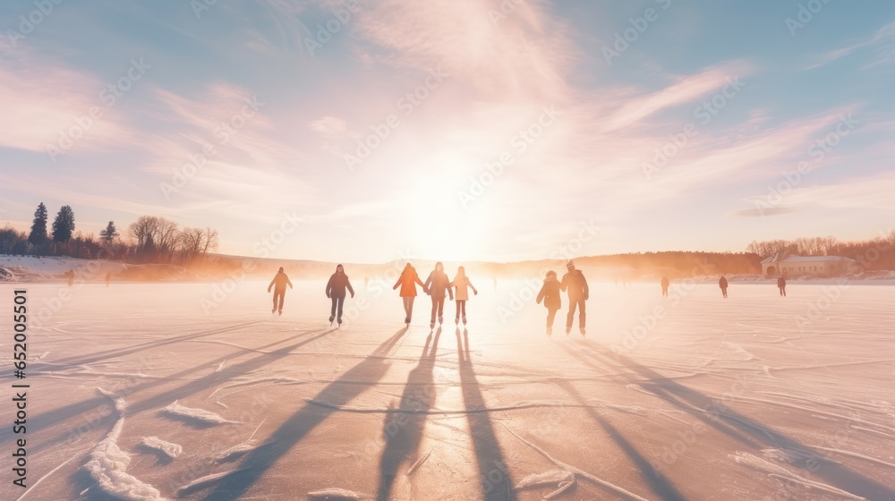 Group of people ice skating on frozen lake