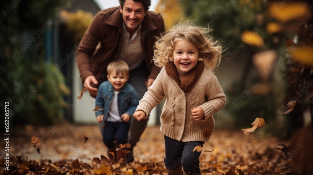 Family playing in leaves in backyard