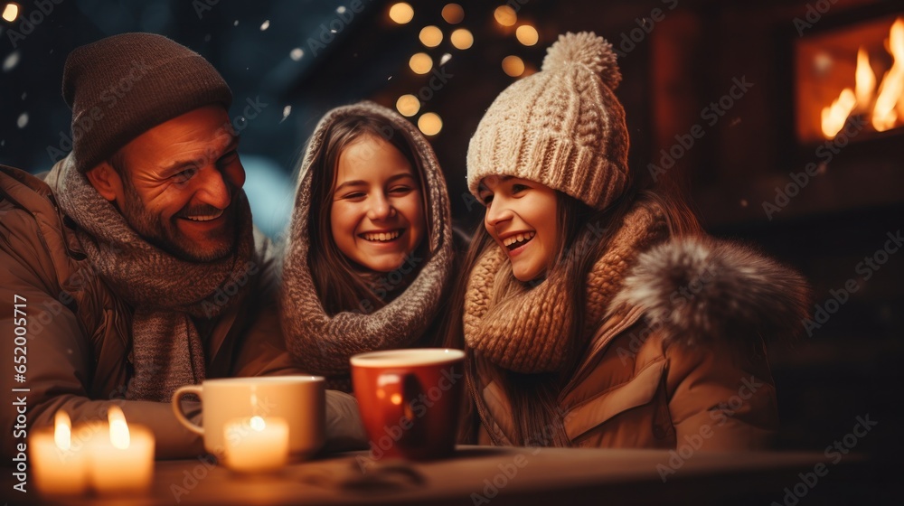 Happy family drinking hot chocolate in winter