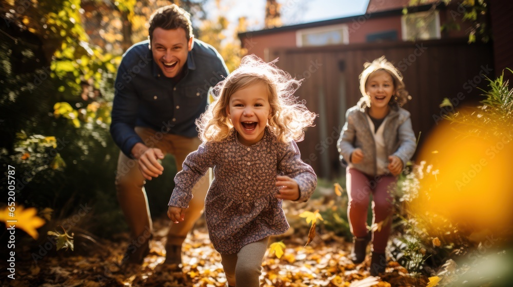 Family playing in leaves in backyard