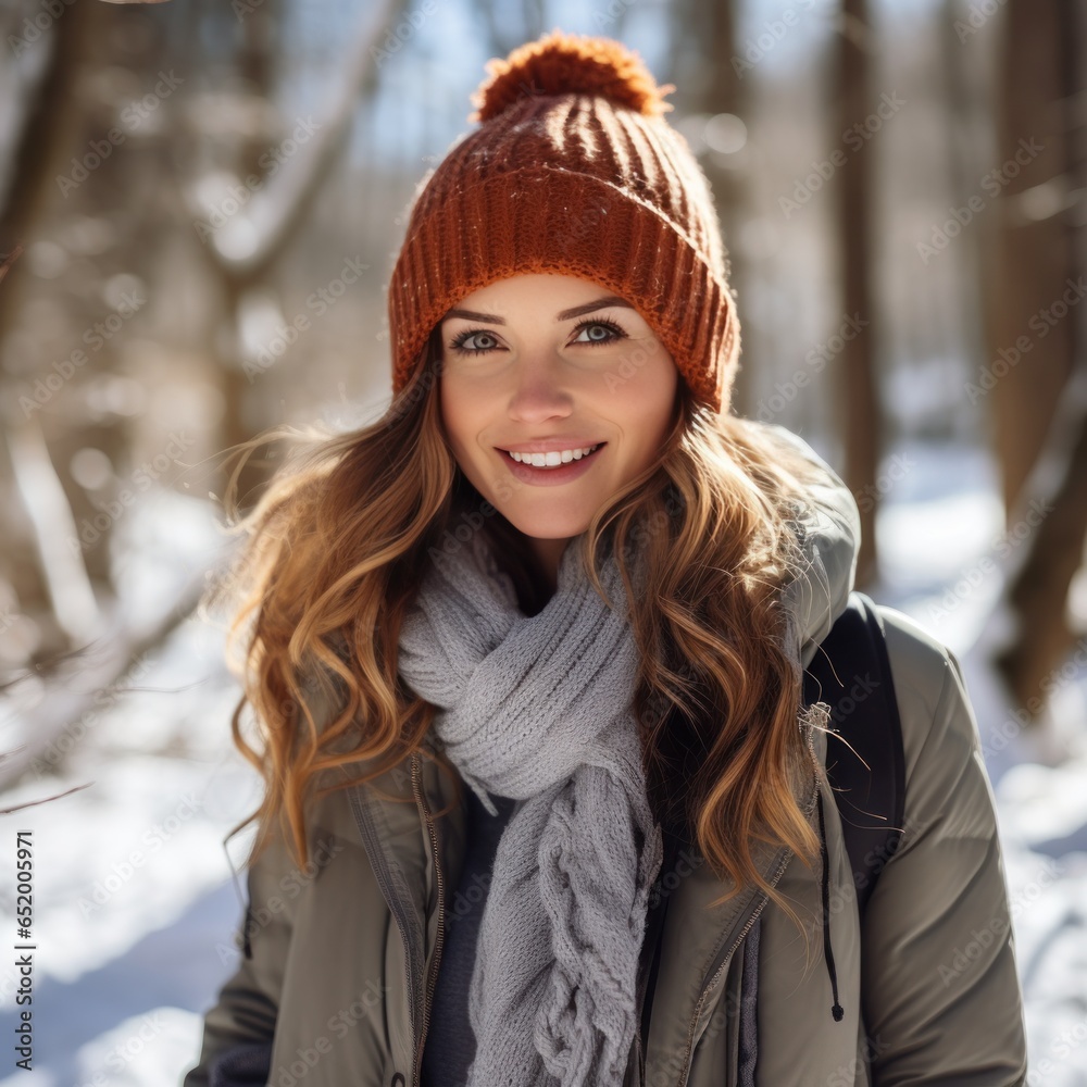 Woman with scarf and hat in snowy forest