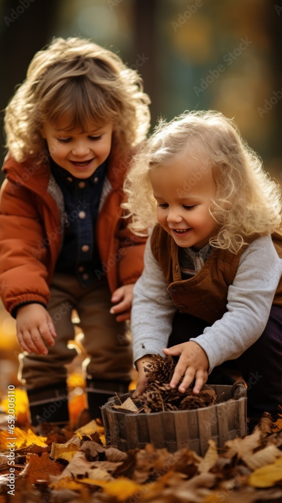 Children playing with fall leaves outside