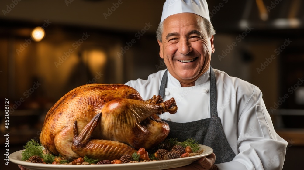 Chef holding turkey with proud expression