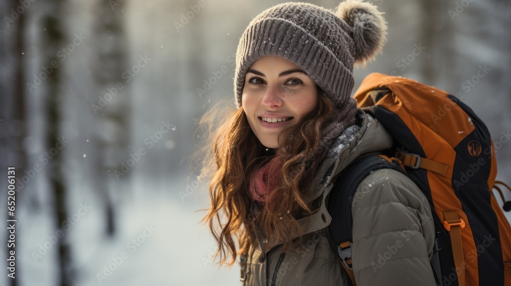 Woman with scarf and hat in snowy forest