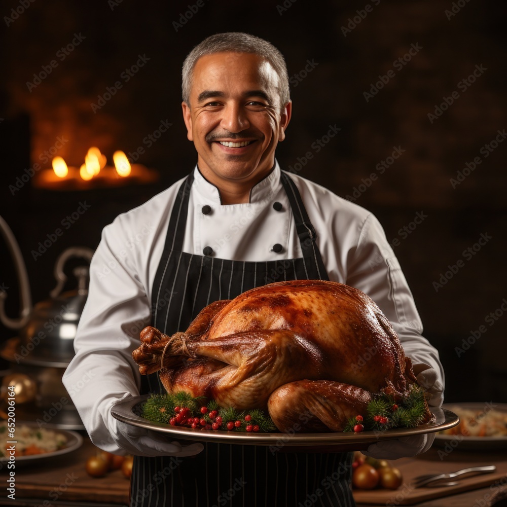 Chef holding turkey with proud expression