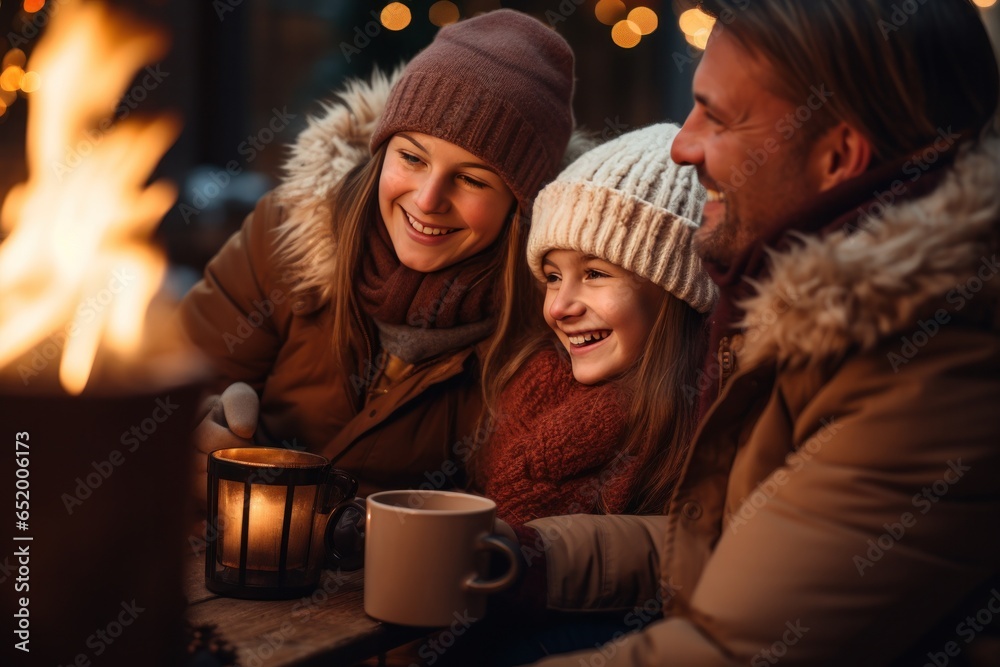 Happy family drinking hot chocolate in winter