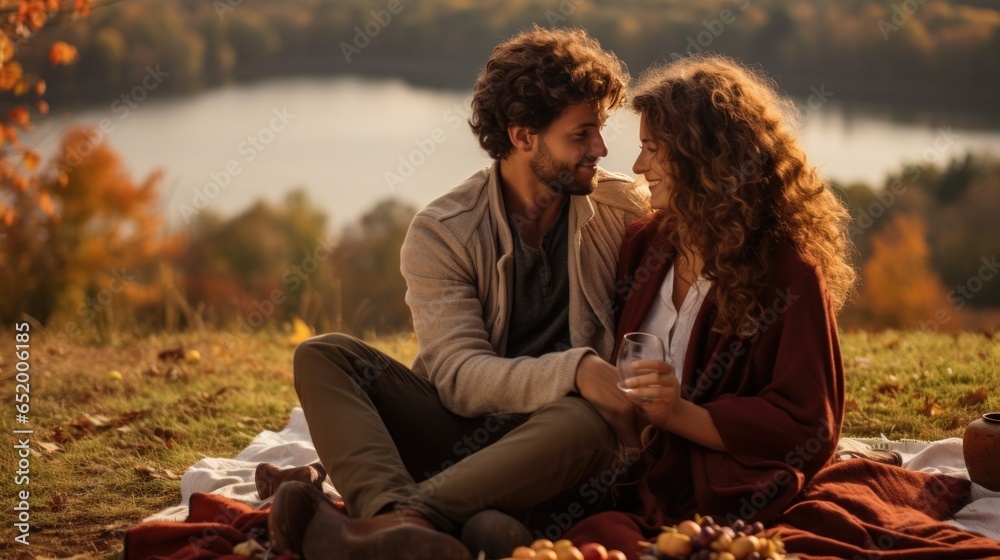 Couple on picnic blanket with autumn scenery