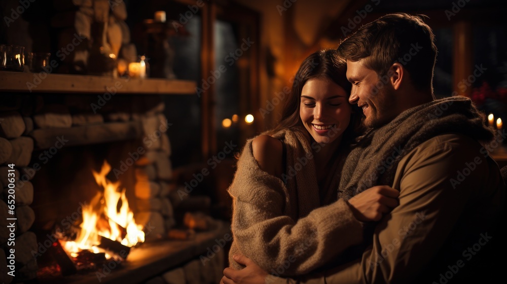 Cozy couple by the fireplace