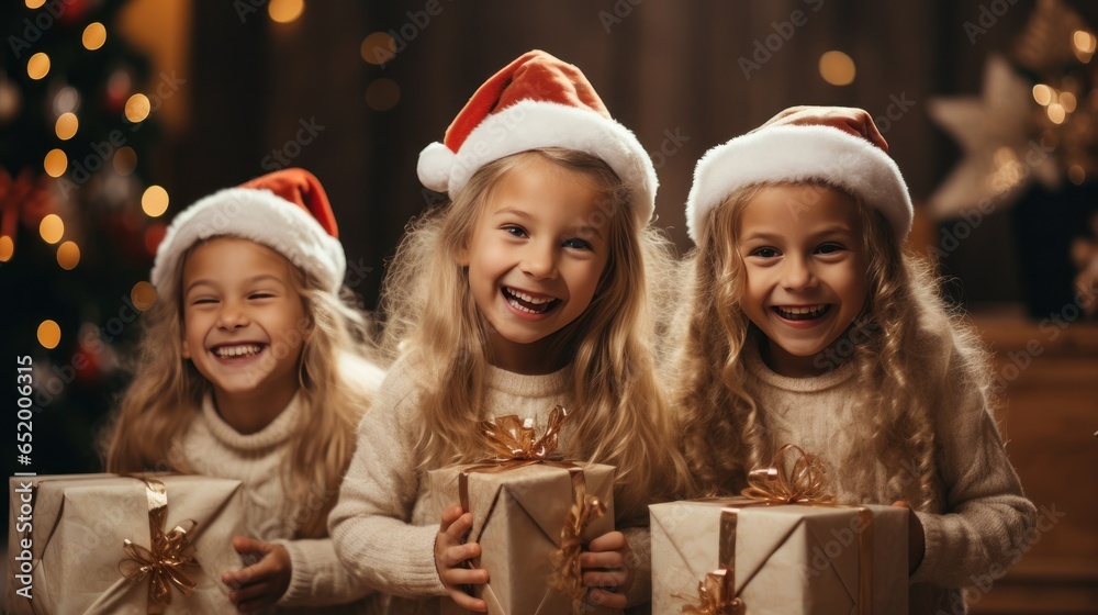 Excited children opening their presents on Christmas morning