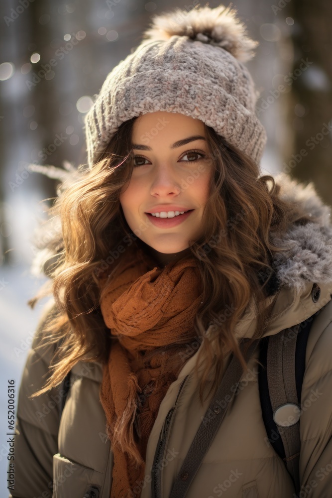 Woman with scarf and hat in snowy forest