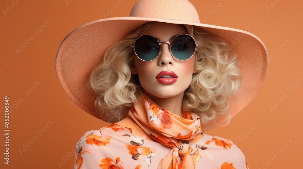 Fashionable woman in oversized hat and sunglasses