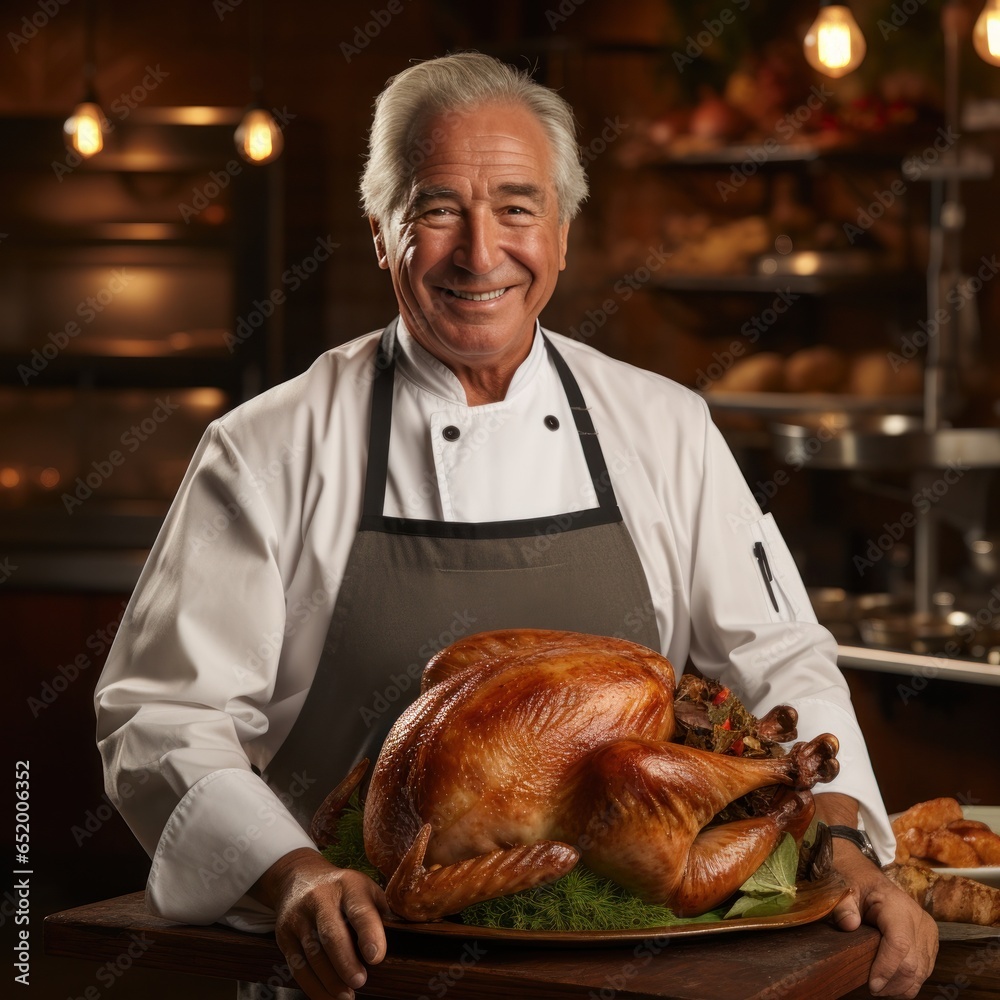 Chef holding turkey with proud expression