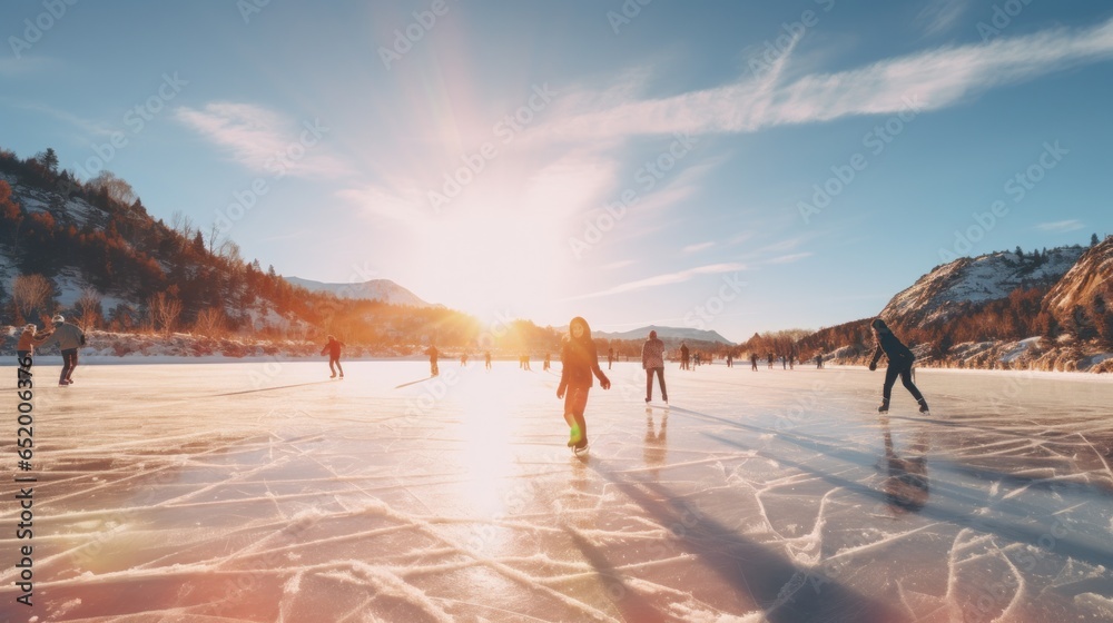 Group of people ice skating on frozen lake