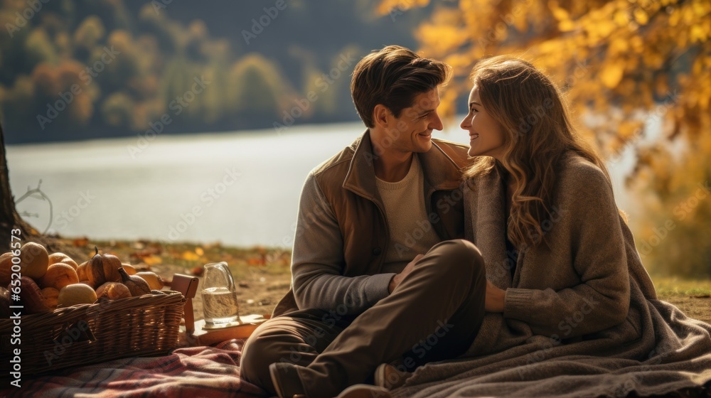 Couple on picnic blanket with autumn scenery