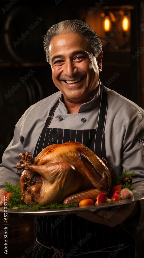 Chef holding turkey with proud expression