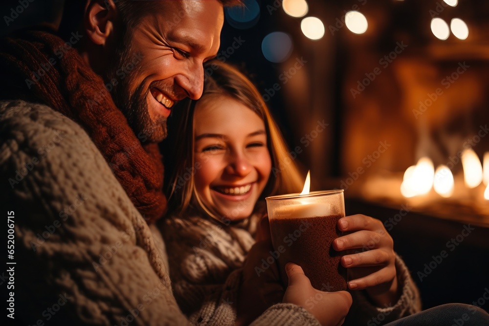 Happy family drinking hot chocolate in winter