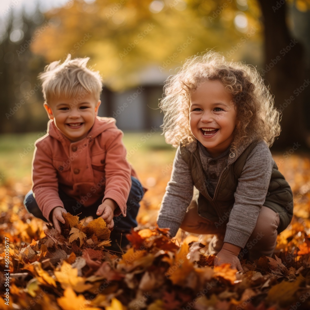 Children playing with fall leaves outside