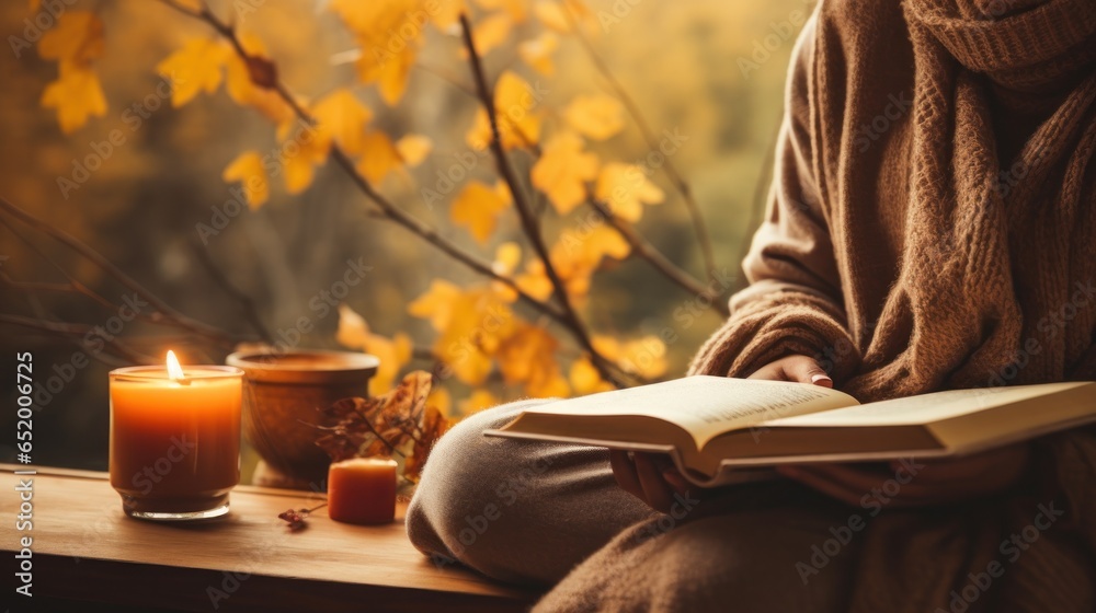 Cozy sweater, hot drink, fall foliage, book