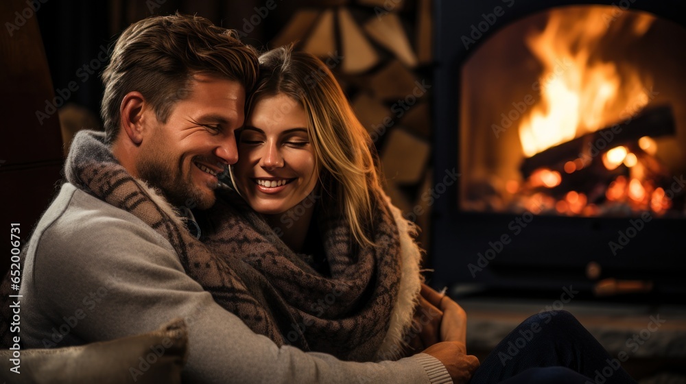 Couple cuddling by a cozy fireplace