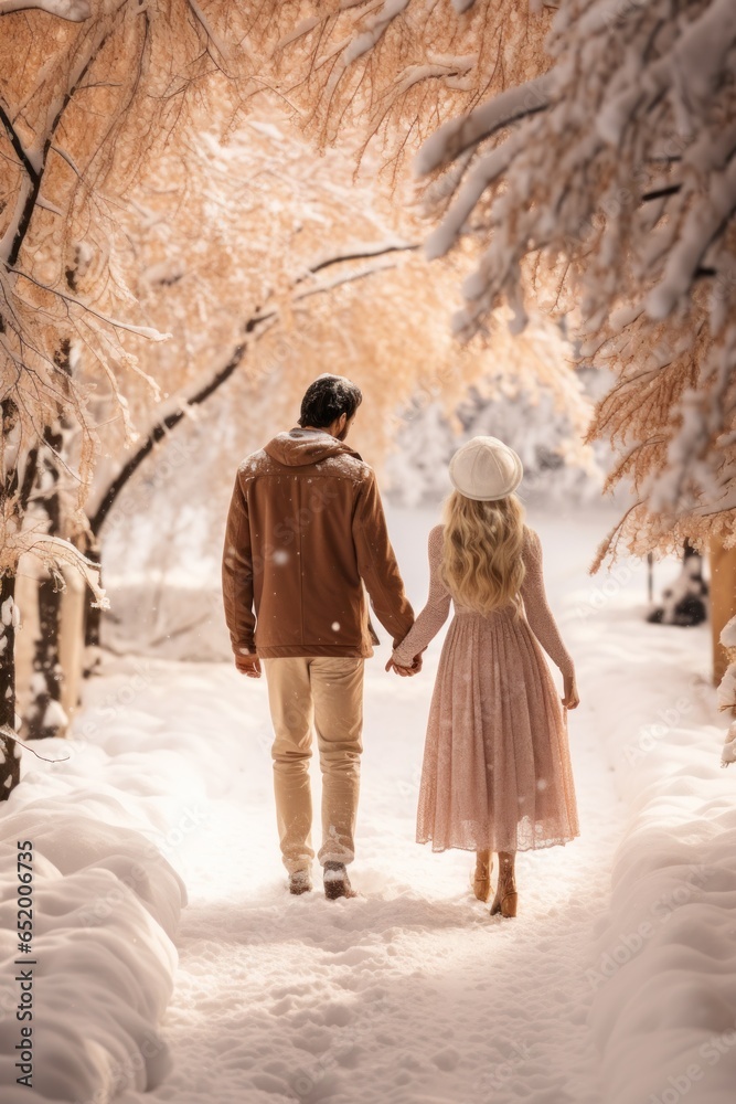 Couple walking hand in hand in the snow