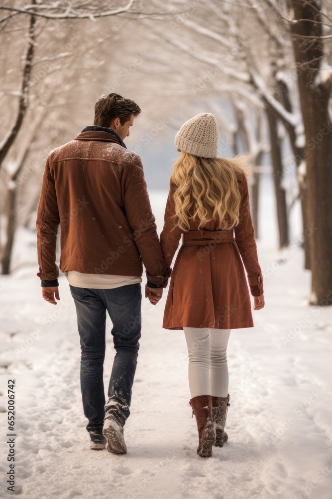 Couple walking hand in hand in the snow