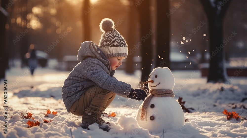 Father and son building snowman