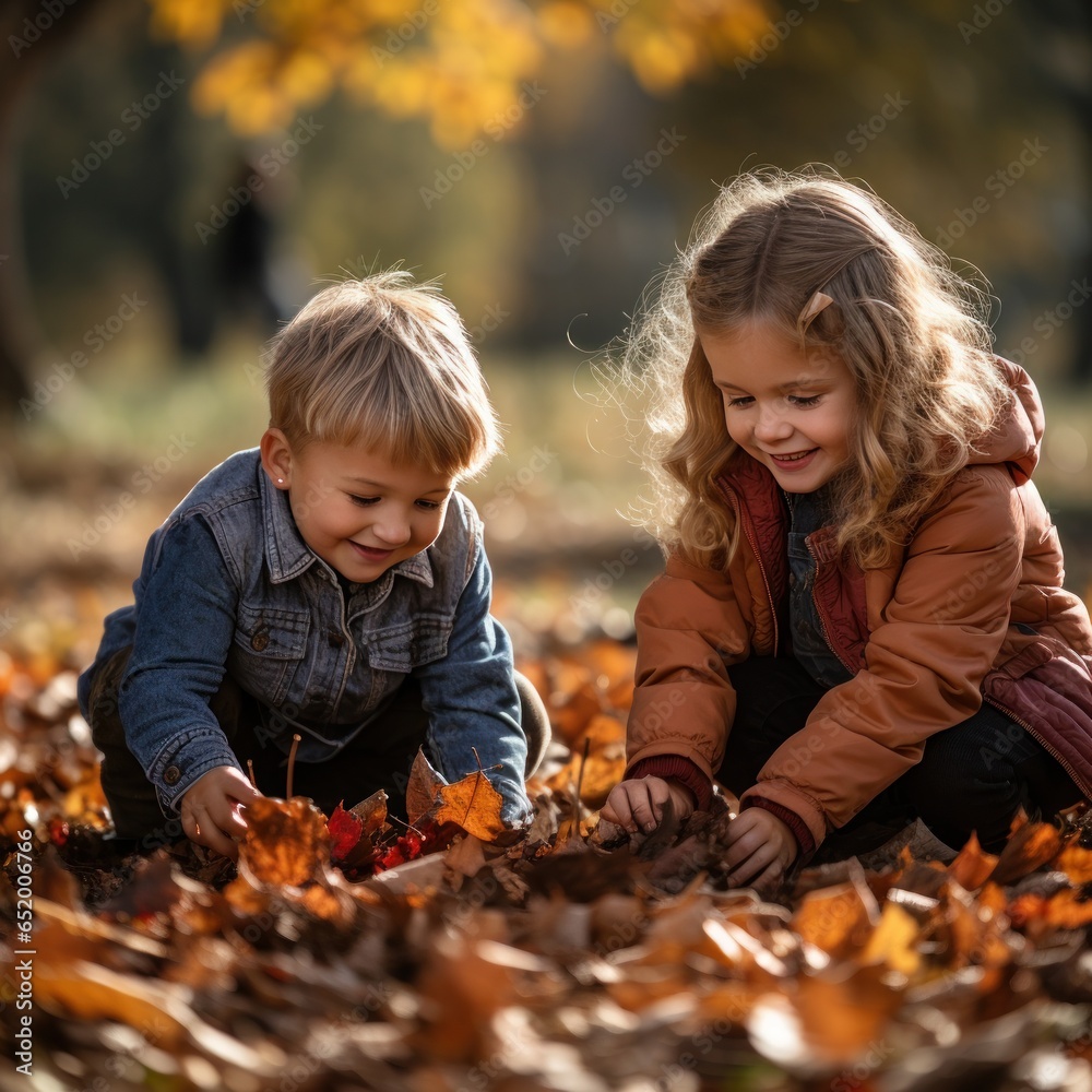 Children playing with fall leaves outside