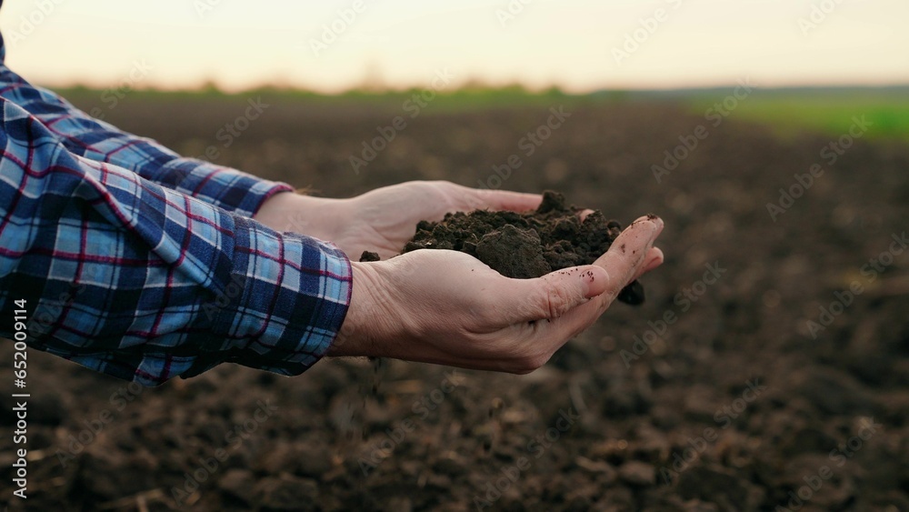 Male hands hold fertile land in field. Organic soil in hands of farmer at sunset in field, natural farming. Agricultural business concept. Fertile soil in male hands of farmer. Humus, fertilized land