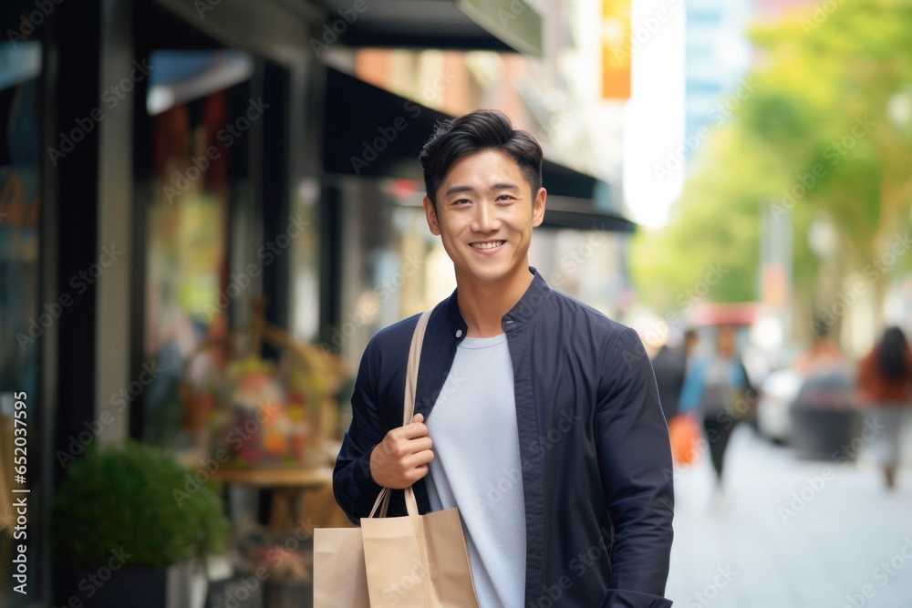 asian young man carrying shopping bags at street of city