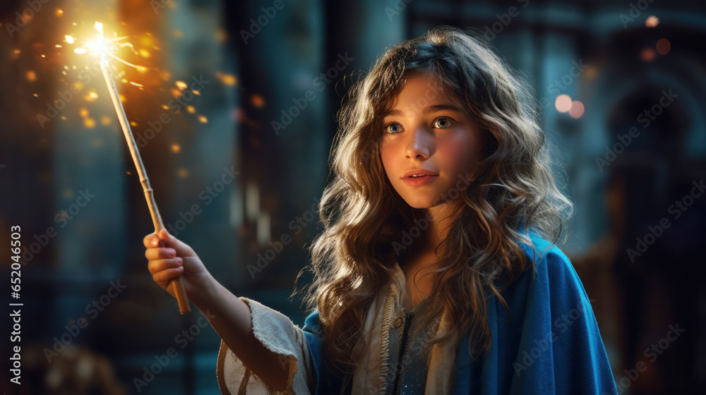 Little girl wielding a magic wand, sprinkling sparkling lights all around, illustrating a scene of wonder and childhood dreams