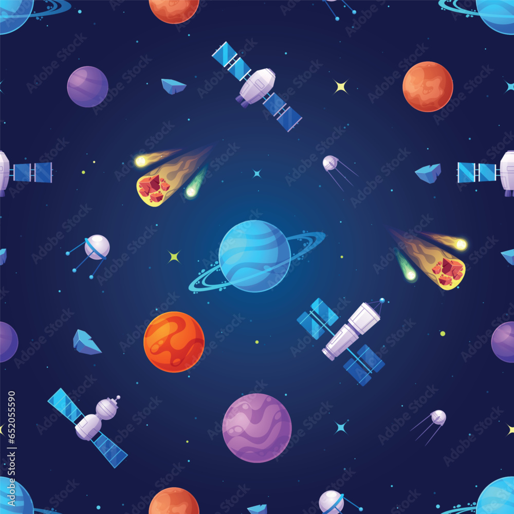 Seamless Pattern With Cosmic Elements Such As Stars, Planets, And Galaxies, Meteorites, And Satellites, Vector