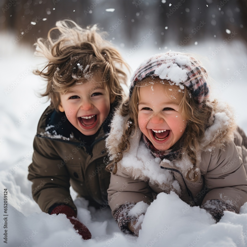 Playful siblings having fun in the snow