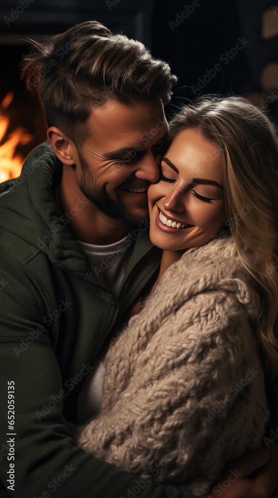 Loving couple cuddling by the fireplace