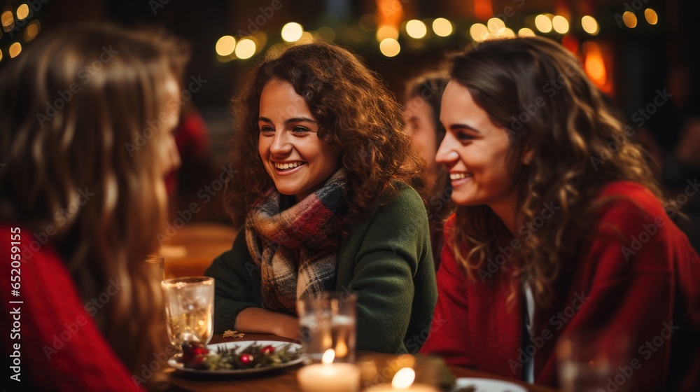 Happy friends enjoying a festive dinner together