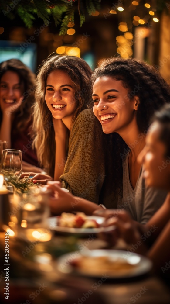 Happy friends enjoying a festive dinner together