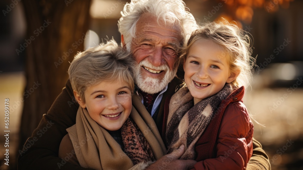 Grandparents hugging their grandchildren tightly