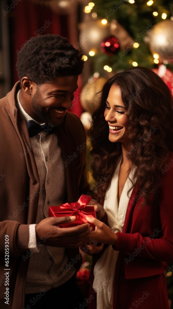 Smiling couple exchanging gifts near a decorated tree