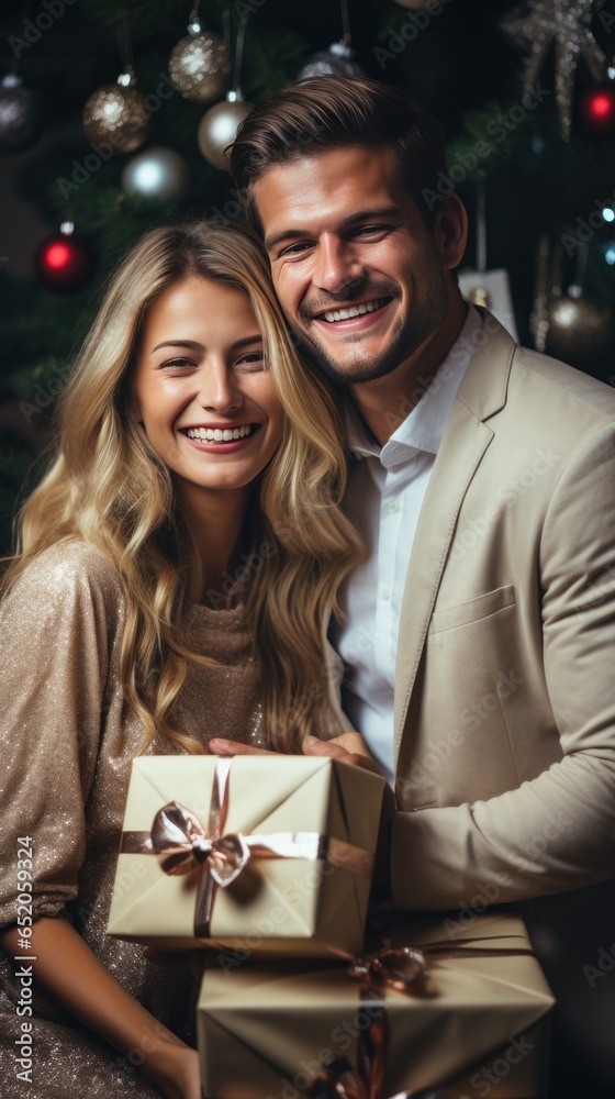 Joyful family with Christmas presents and decorations